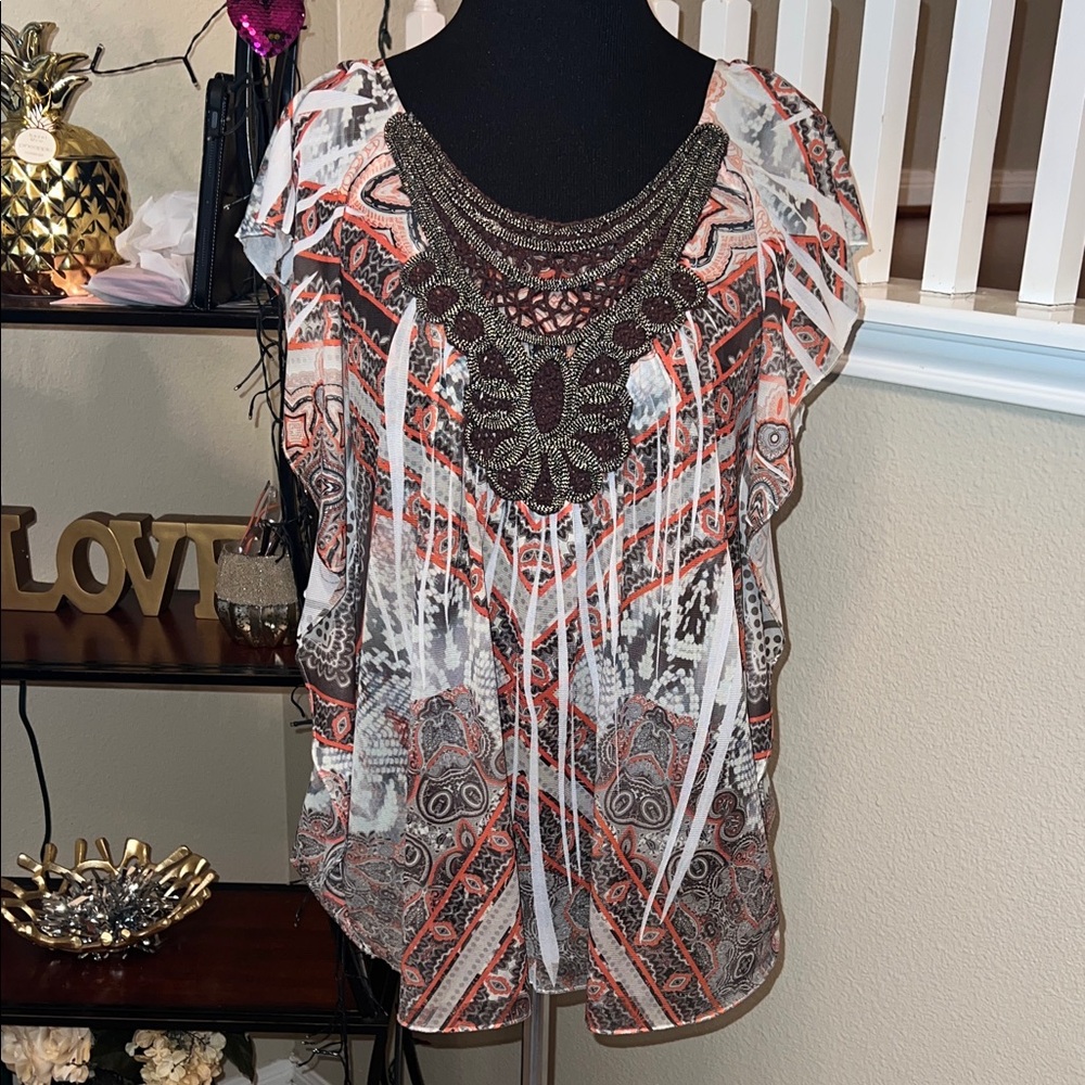Chic Women's Multicolor Blouse with Beaded Neckline